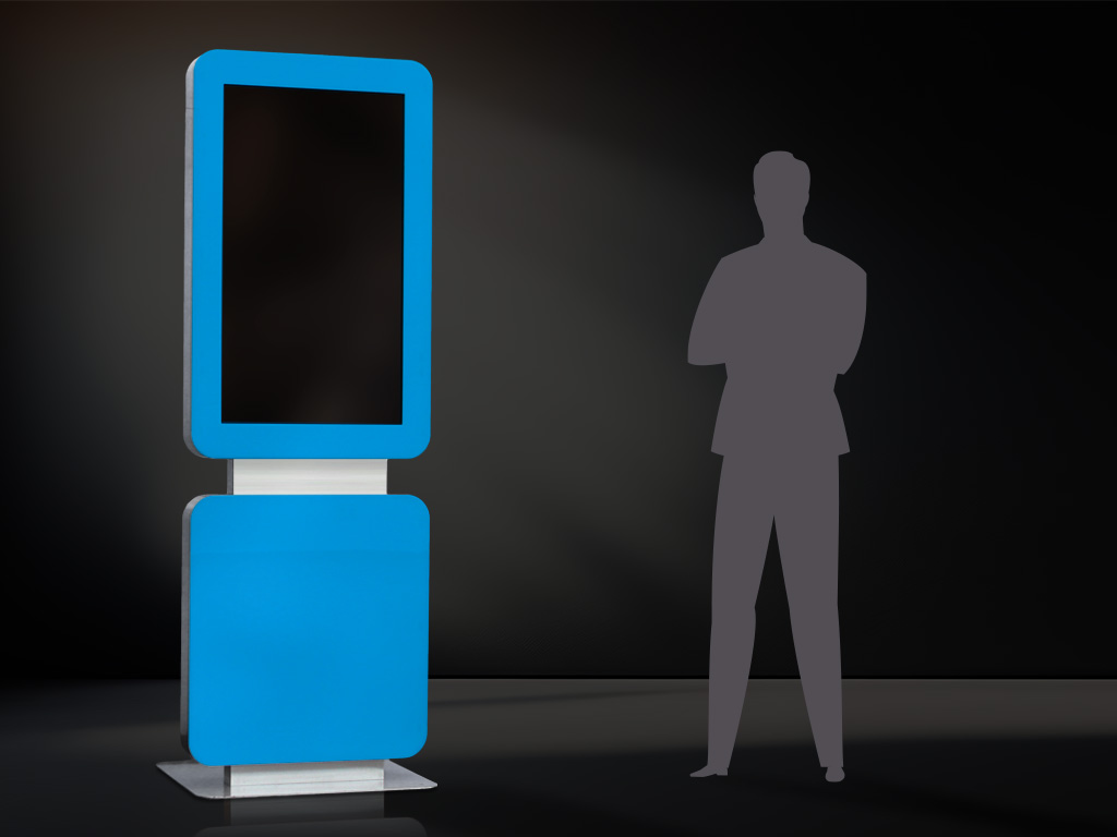 Digital Signage Aktionen robuste Stele mit Touchdisplay Farbvariante blau