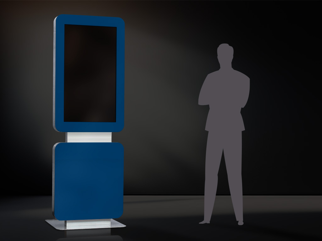 Digital Signage Aktionen robuste Stele mit Touchdisplay Farbvariante dunkelblau