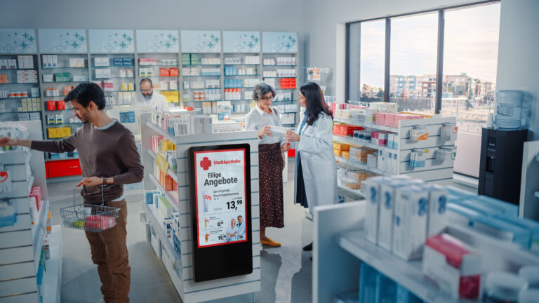 Digitales Angebotsposter am Regal einer Apotheke