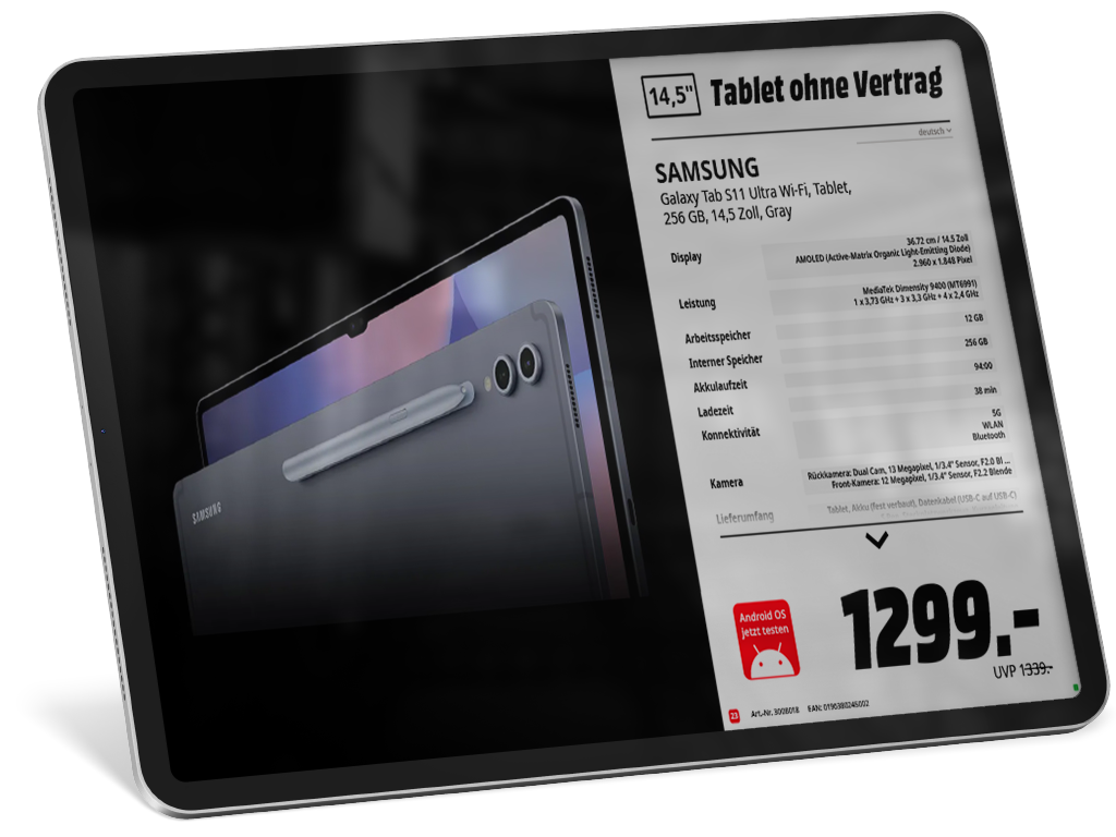 Bildschirmschoner Applikation für Tablet Testgeräte im Store
