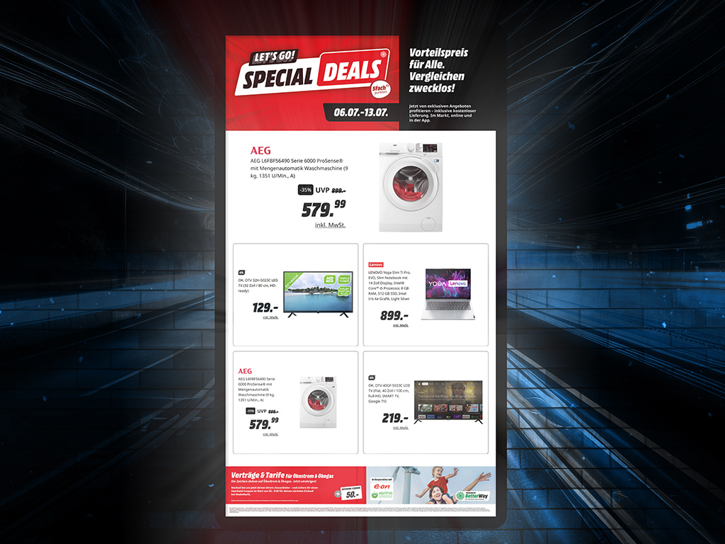 Digitales Angebotsposter mit Sonderangeboten und Aktionspreisen auf einem Screen.