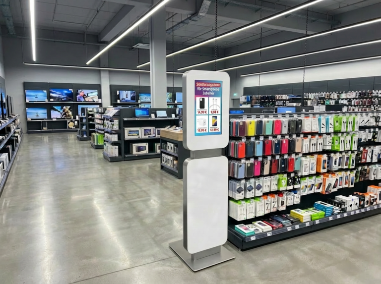 interaktive Stele mit Touchscreen zur Anzeige von Angeboten im Bereich Consumer Electronics