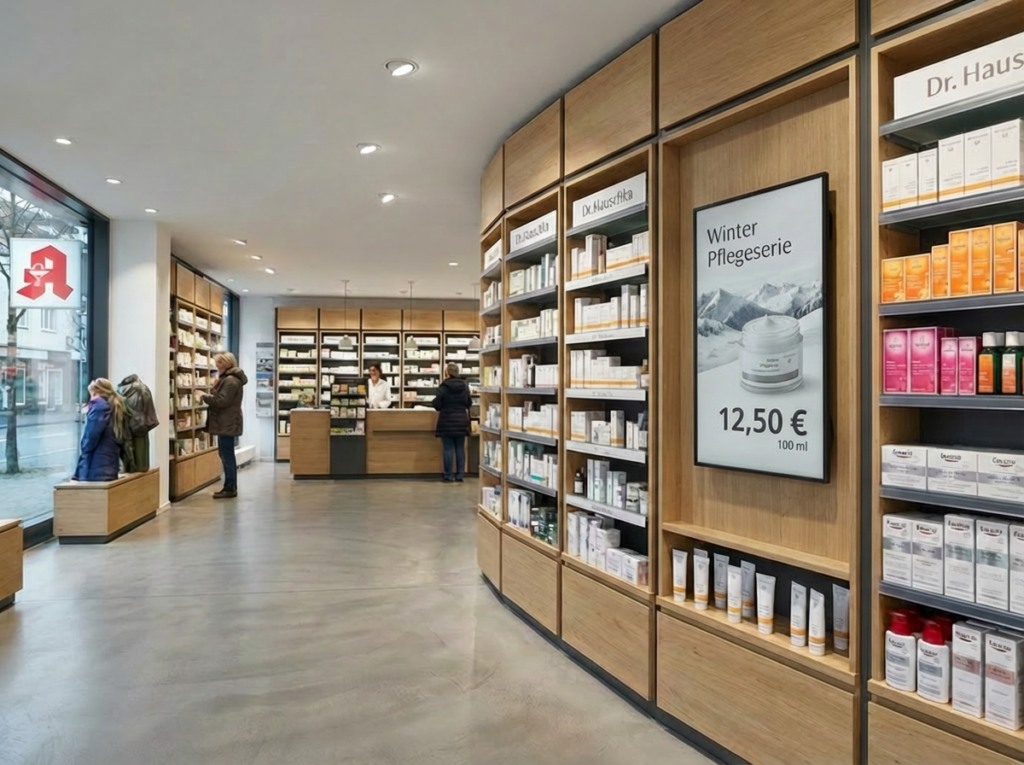 Digitales Display mit E-Ink Technologie für plakatähnliche Darstellung von Content in einer Apotheke