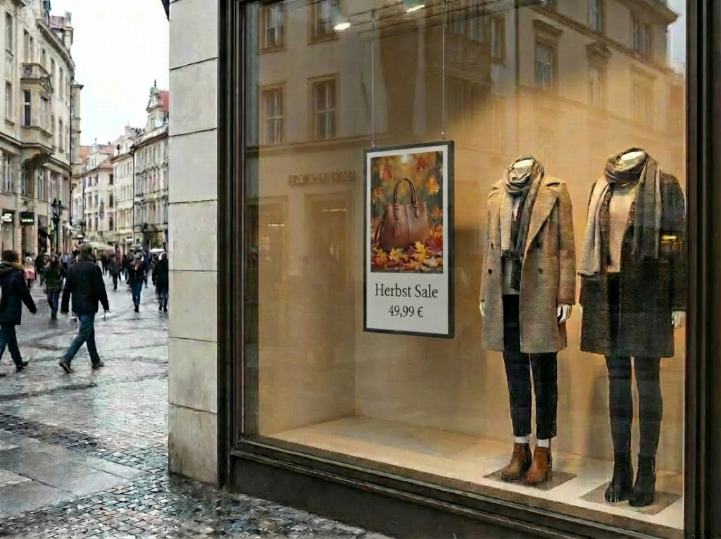 Digitales E-Paper Display von xplace im Hochformat im Schaufenster eines Fashionstores