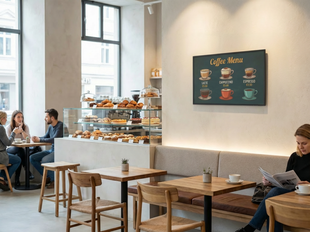 Digitales Poster in einem Café für die Abbildung von Angeboten